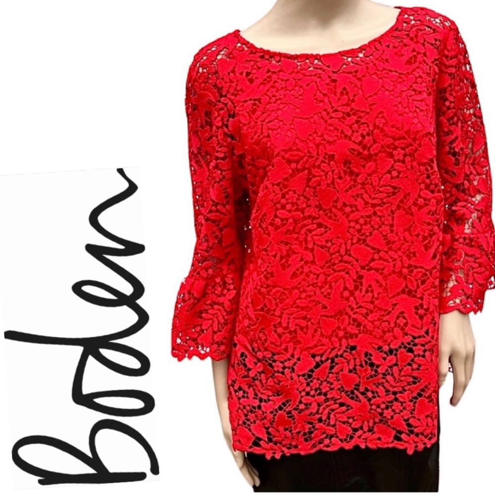 - Boden Sz 12 Hearts & Doves Red Crochet Flutter Sleeve Blouse! EUC!